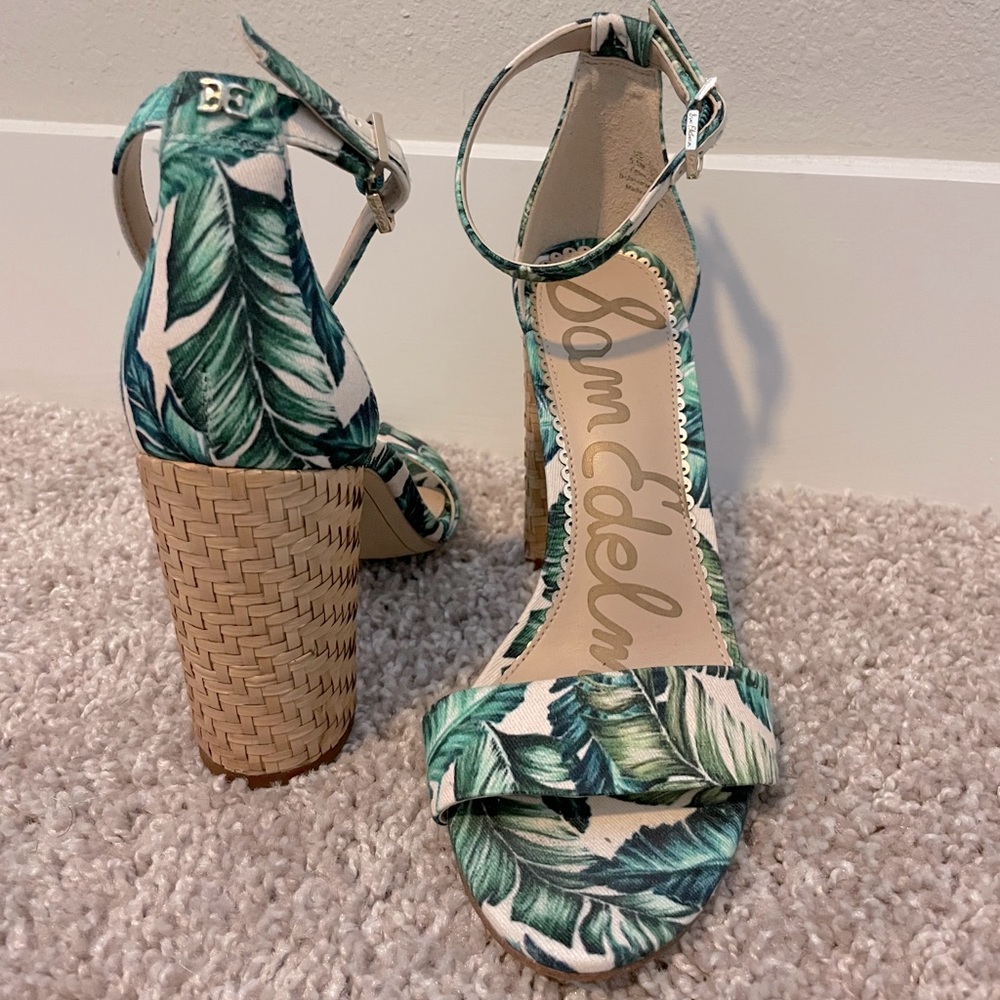 Yaro Palm Print Block-Heel Sandals